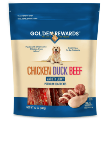 Golden Rewards Chicken, Duck and Beef Premium Variety Jerky Treats for Dogs, 12 oz Bag